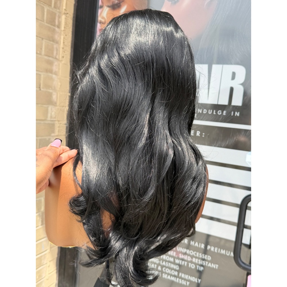 16" Jet Black Layered Human Blend Synthetic Hair 13*6 Transparent Lace Front Wig - Picture 4 of 6